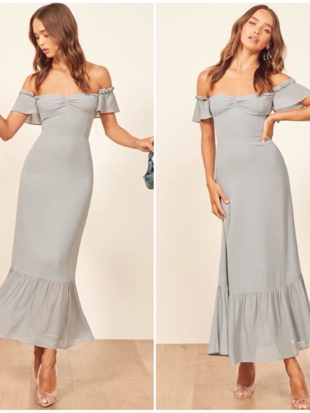 REFORMATION Butterfly Off-Shoulder Midi Dress - Fog